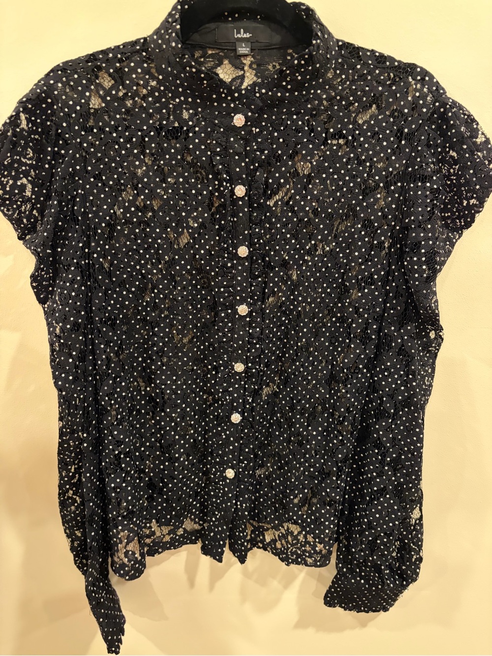 Lulu's Black Polka Dot Lace Button Down Top Size L